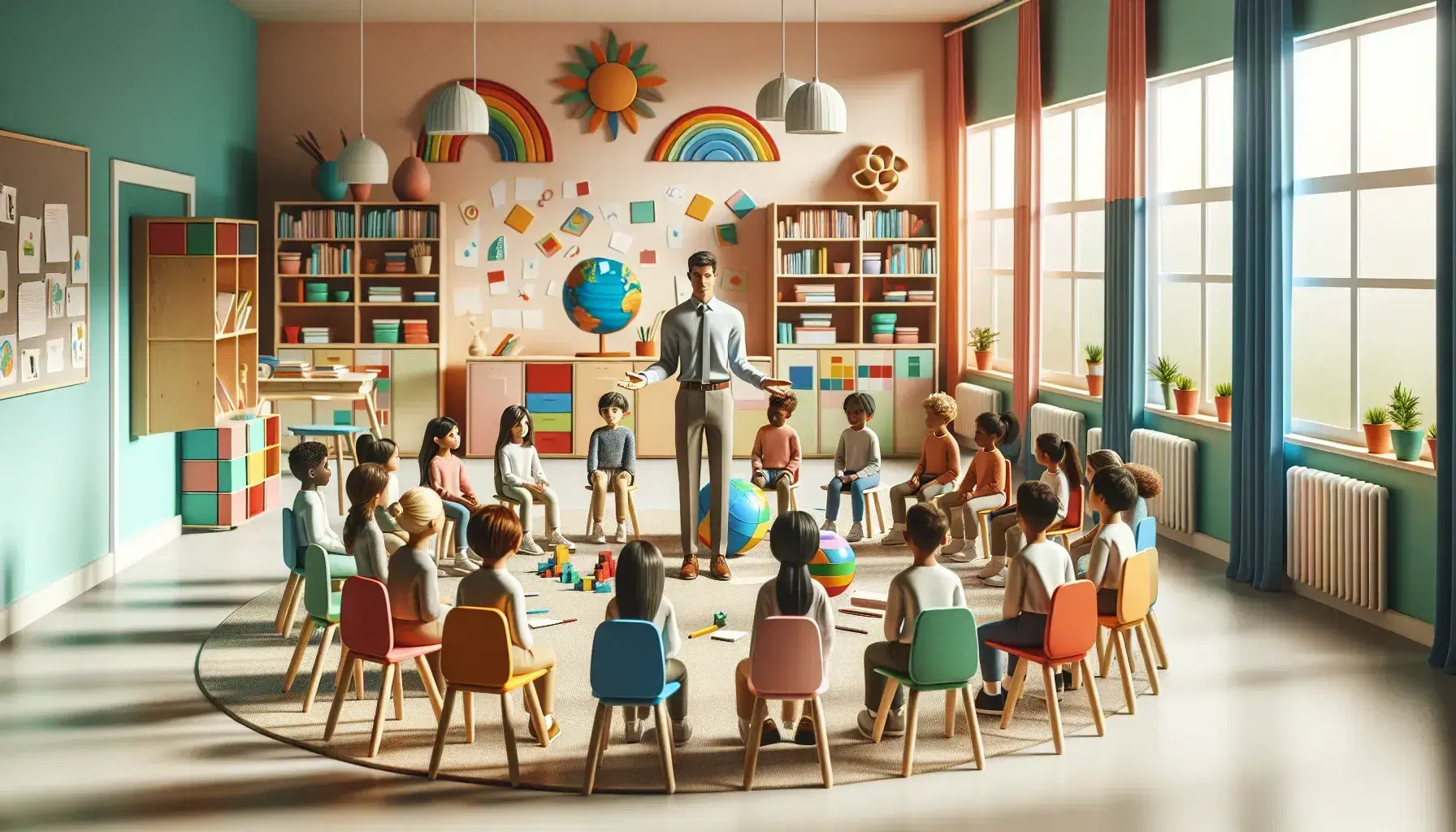 Aula colorata con studenti diversi seduti in cerchio attorno a un insegnante che gestisce, oggetti educativi sul pavimento e pareti decorate.