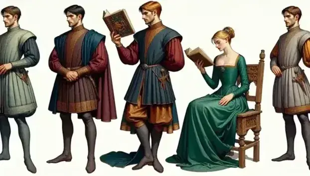 Grupo de tres figuras renacentistas con un hombre de túnica roja y capa azul sosteniendo un libro, una mujer leyendo en un vestido verde y un hombre con túnica azul y un globo terráqueo.