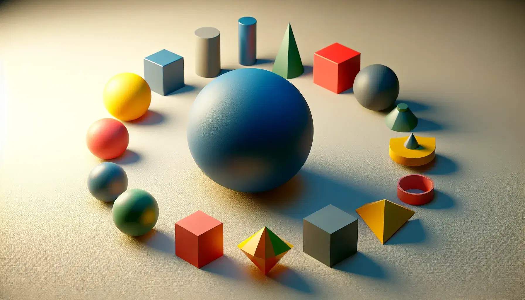 Colorful three-dimensional geometric shapes on a neutral surface, with a central blue sphere, red cube, green cylinder, yellow cone and orange tetrahedron.