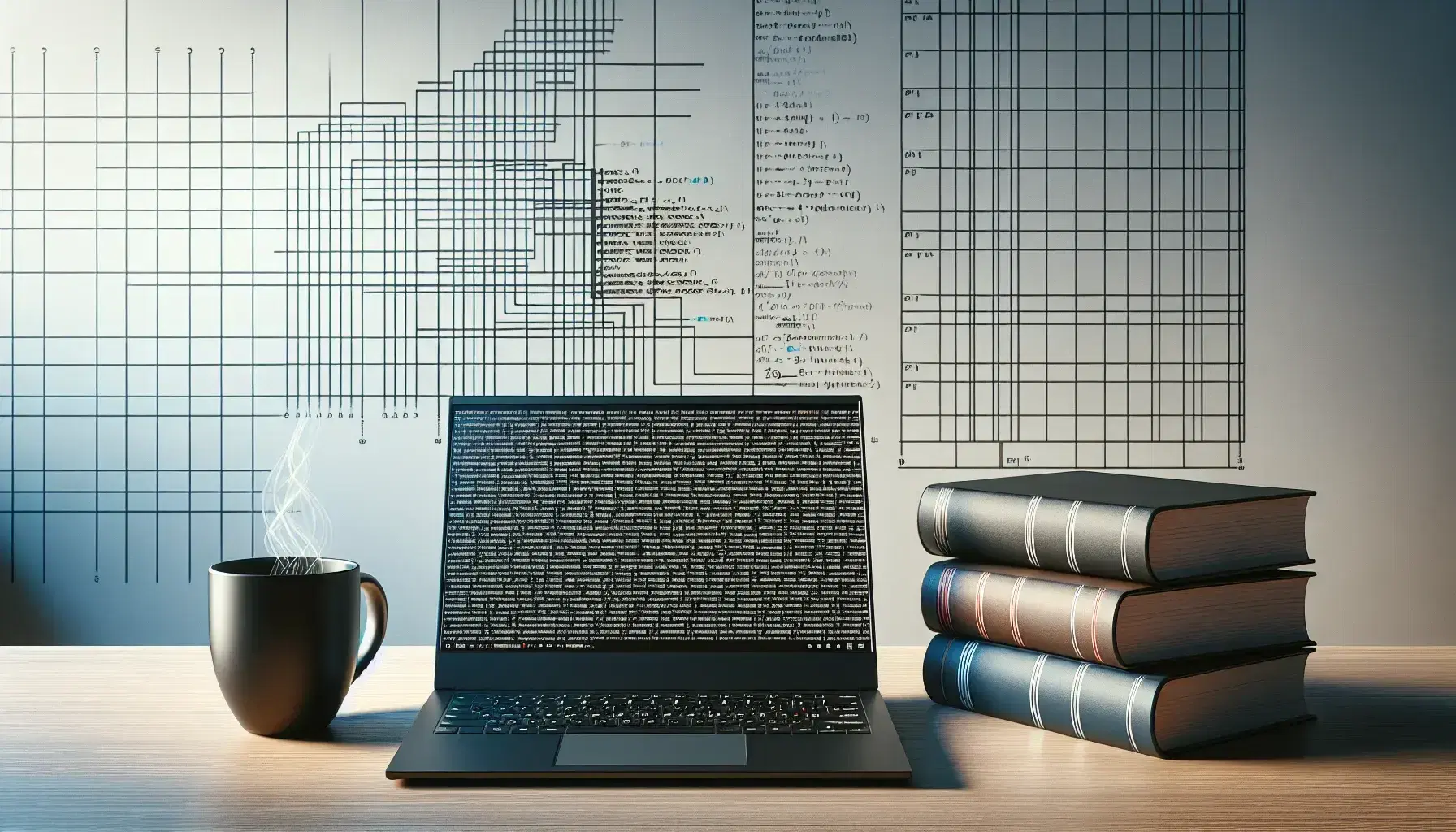 Modern workspace with black laptop, white board with grid, colorful books and cup of coffee on light wooden desk.