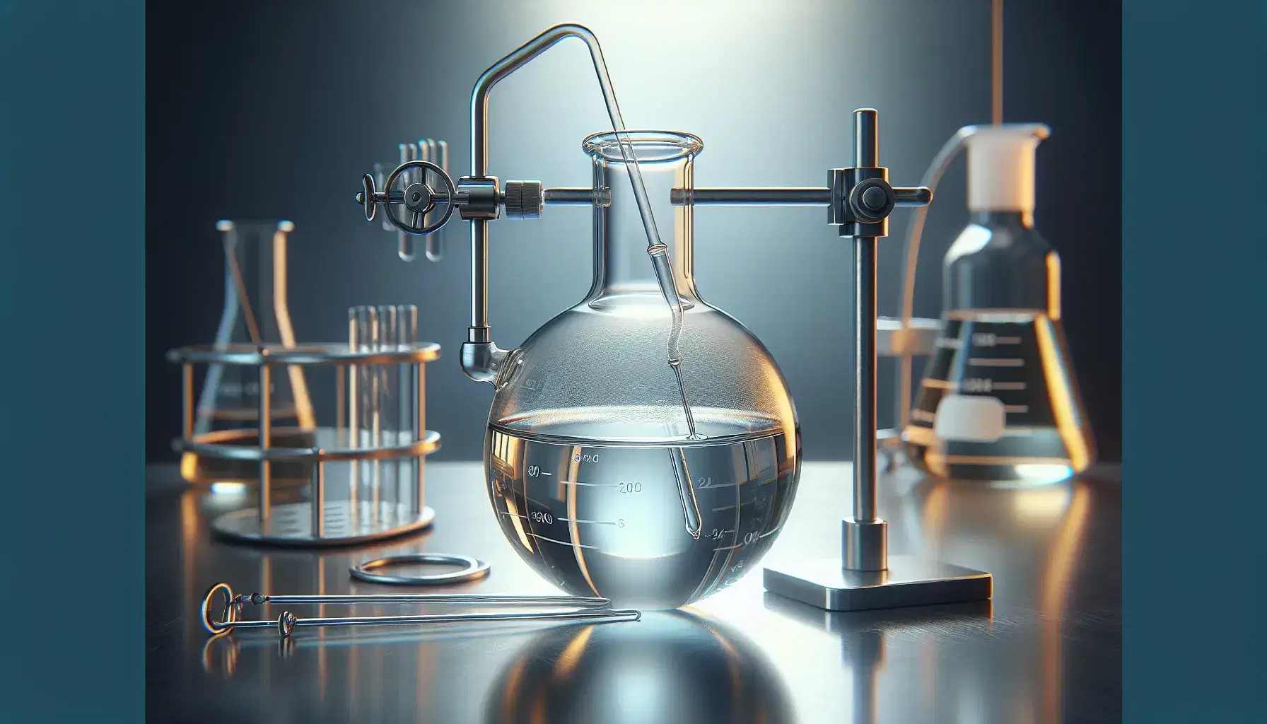 Glass bottle with colorless liquid on reflective laboratory bench, glass rod for stirring, funnel with yellowish liquid and container with white solid.