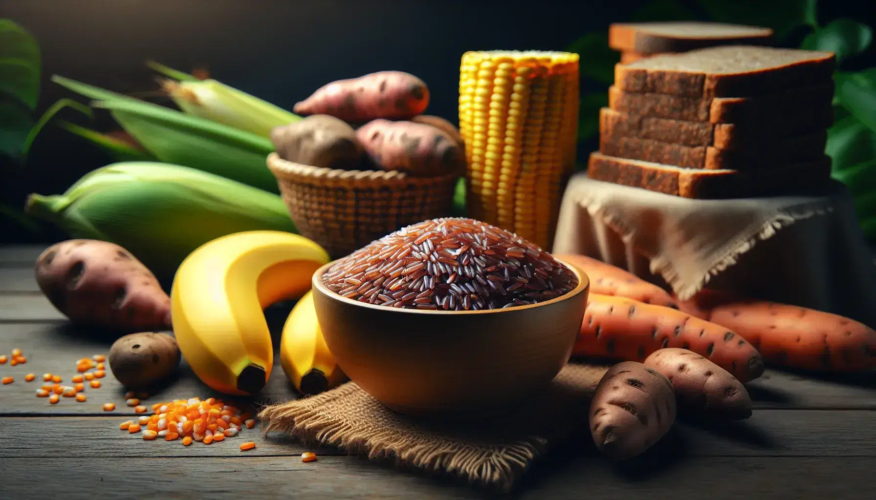 Assorted carbohydrate-rich foods on a wooden table, including whole grain rice, ripe bananas, sweet potatoes, whole grain bread, and ears of corn.