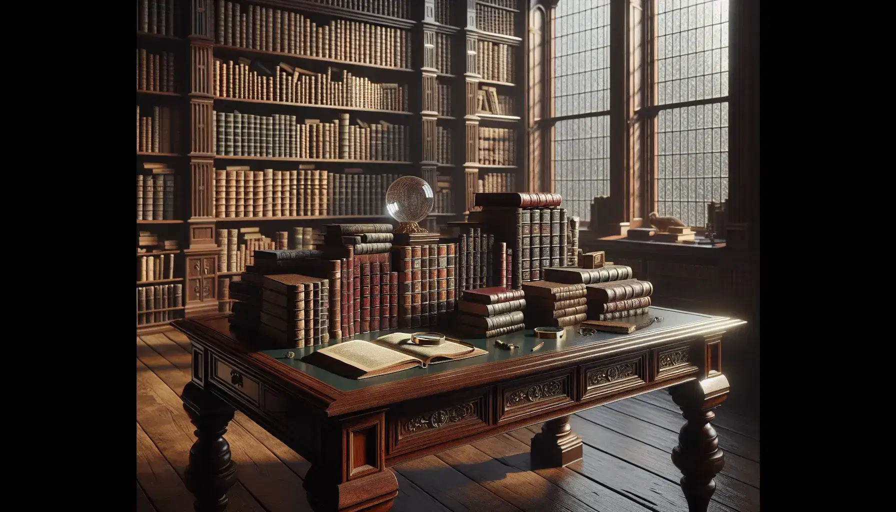 Biblioteca antica con scrivania in legno scuro, libri impilati, lente d'ingrandimento, sfera di cristallo, scaffali colmi e sedia con cuscino rosso.
