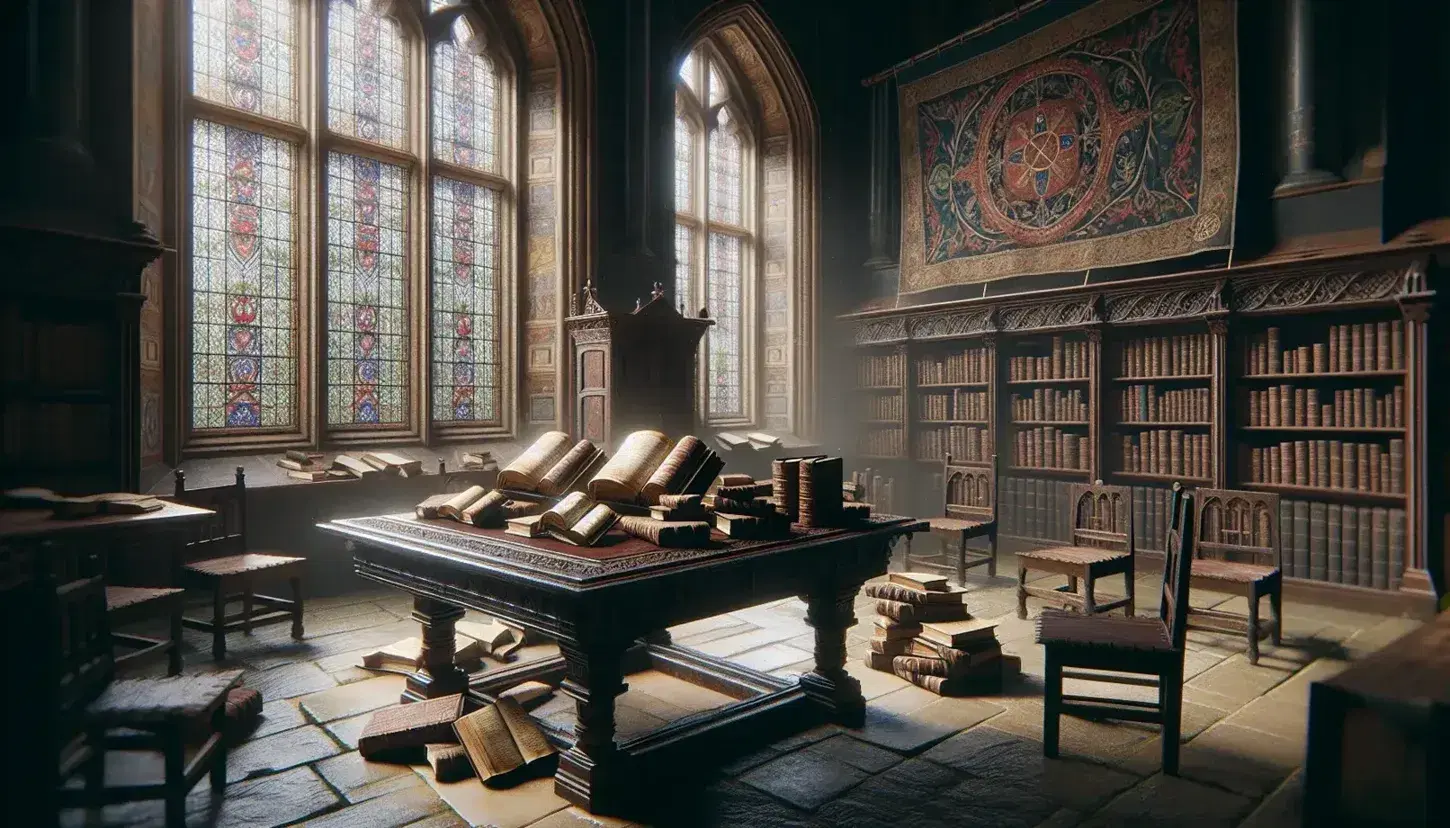 Sala lettura medievale con tavolo in legno scuro, volumi rilegati, sedie dritte, finestra ad arco e libreria con libri e arazzi.