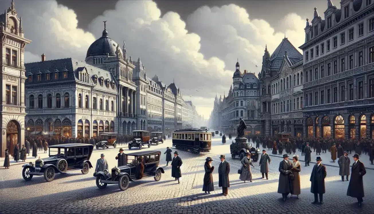 Scena urbana della Germania degli anni '20 con strada acciottolata, veicoli d'epoca, tranvai, statue e passanti in abiti dell'epoca.