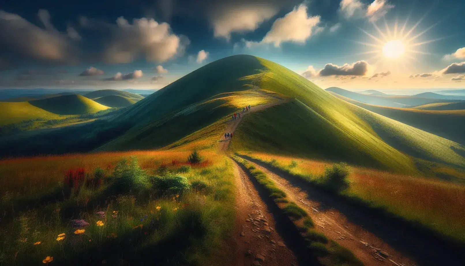 Collina verde con sentiero e alberi sotto cielo azzurro con escursionisti in cammino, paesaggio collinare soleggiato senza segni o simboli.