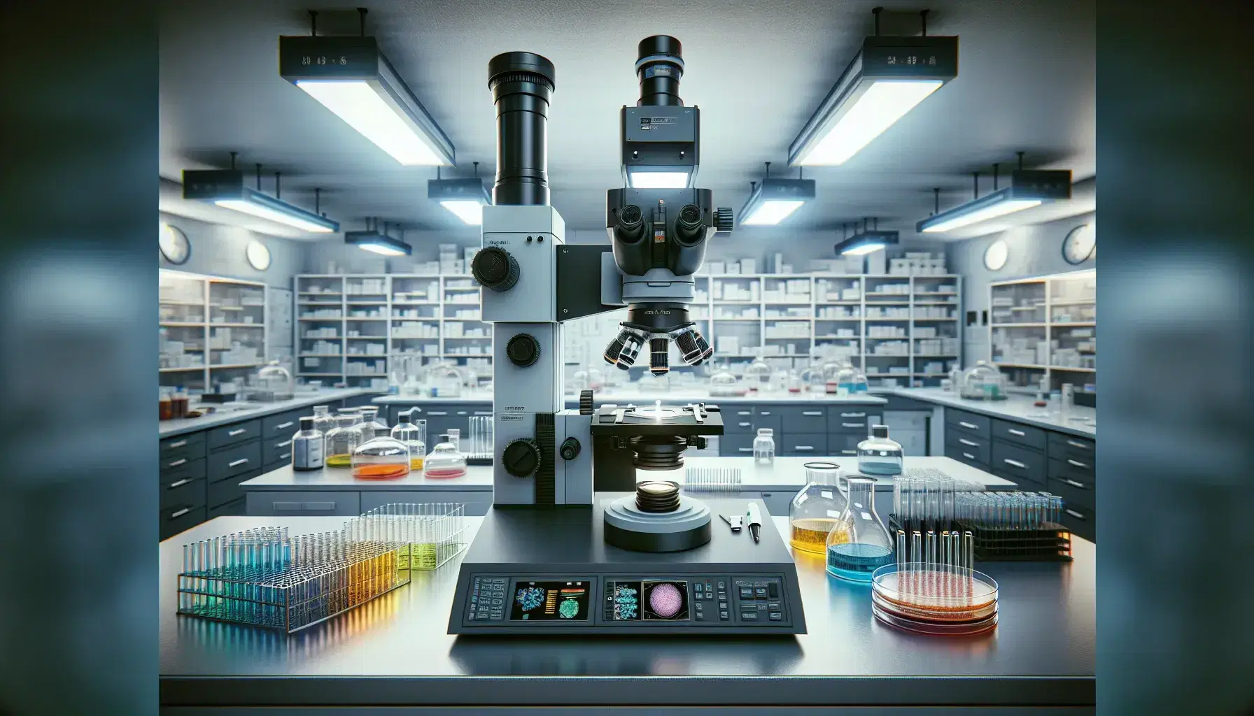 Microscopio elettronico al centro di un laboratorio di ricerca biologica con provette colorate e piastre di Petri su banco di lavoro pulito, illuminato da luci fluorescenti.