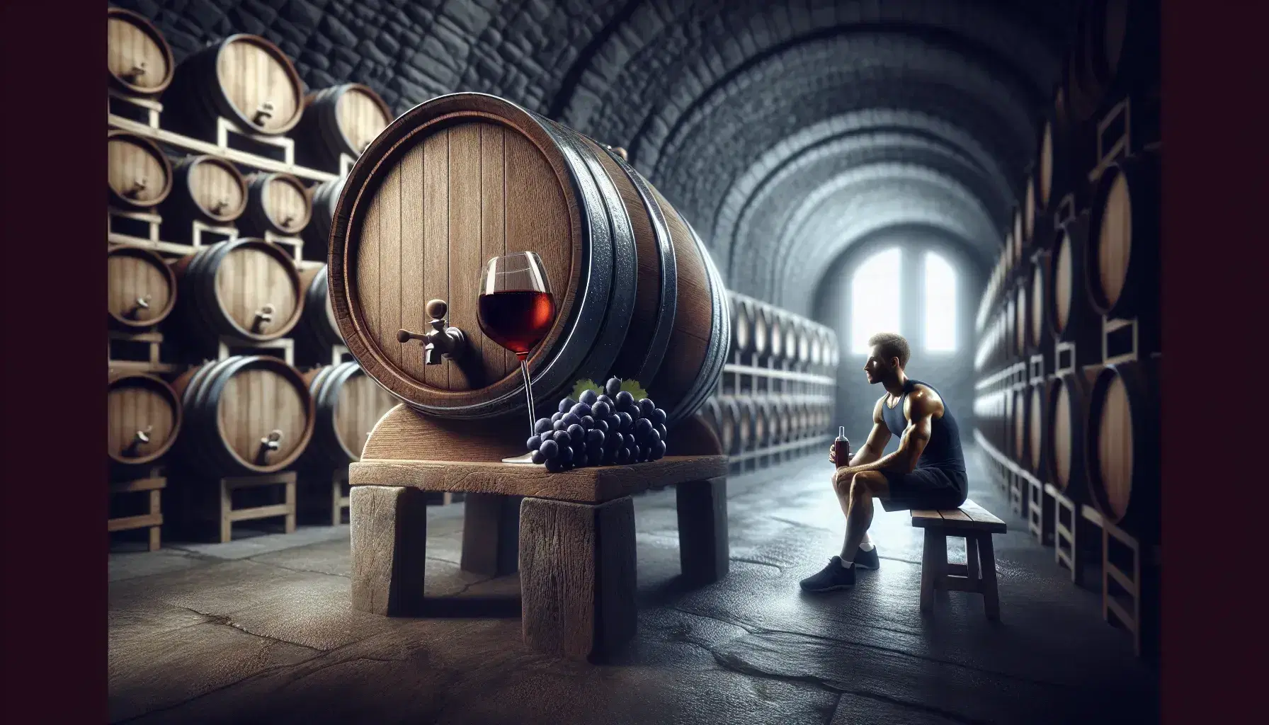 Scena in cantina tradizionale con botte di legno, bicchiere di vino rosso, grappolo d'uva e atleta che si idrata.
