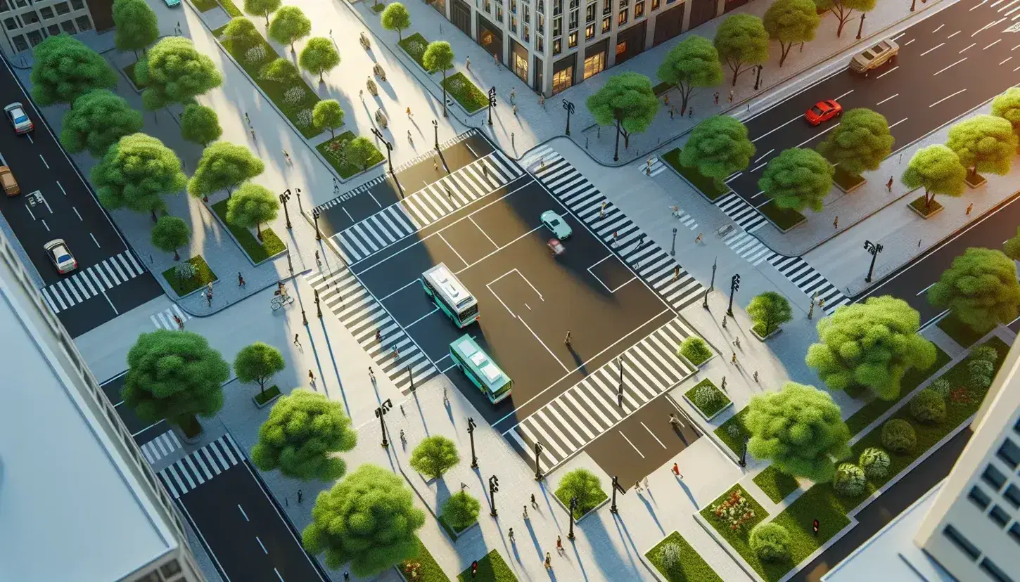 Vista aérea de intersección urbana con paso peatonal en cuadrícula, vehículos en movimiento, personas caminando y arquitectura moderna en día soleado.