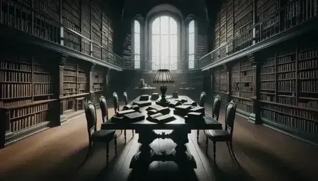 Biblioteca antica con scaffali in legno scuro pieni di libri rilegati, tavolo centrale con libri aperti sotto finestra ad arco, scala a chiocciola sullo sfondo.