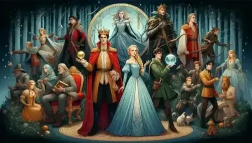 Re d'epoca medievale in mantello rosso e corona d'oro, maga con sfera di cristallo e giovane arciere in una foresta incantata, circondati da cavalieri e giullari.