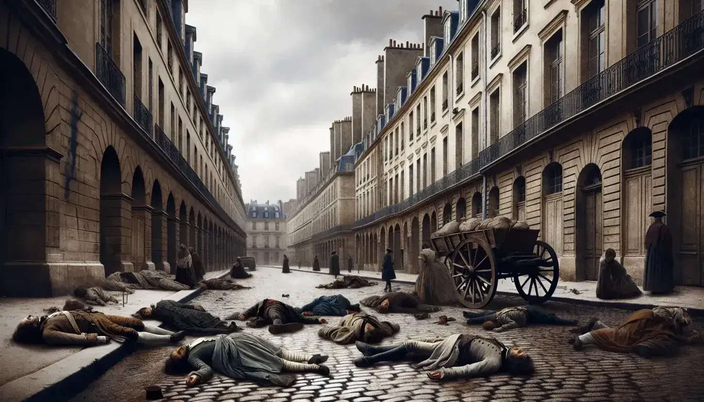 Depiction of the September Massacres during the French Revolution with lifeless bodies on a cobblestone street, a cart to the side, under a dreary sky.
