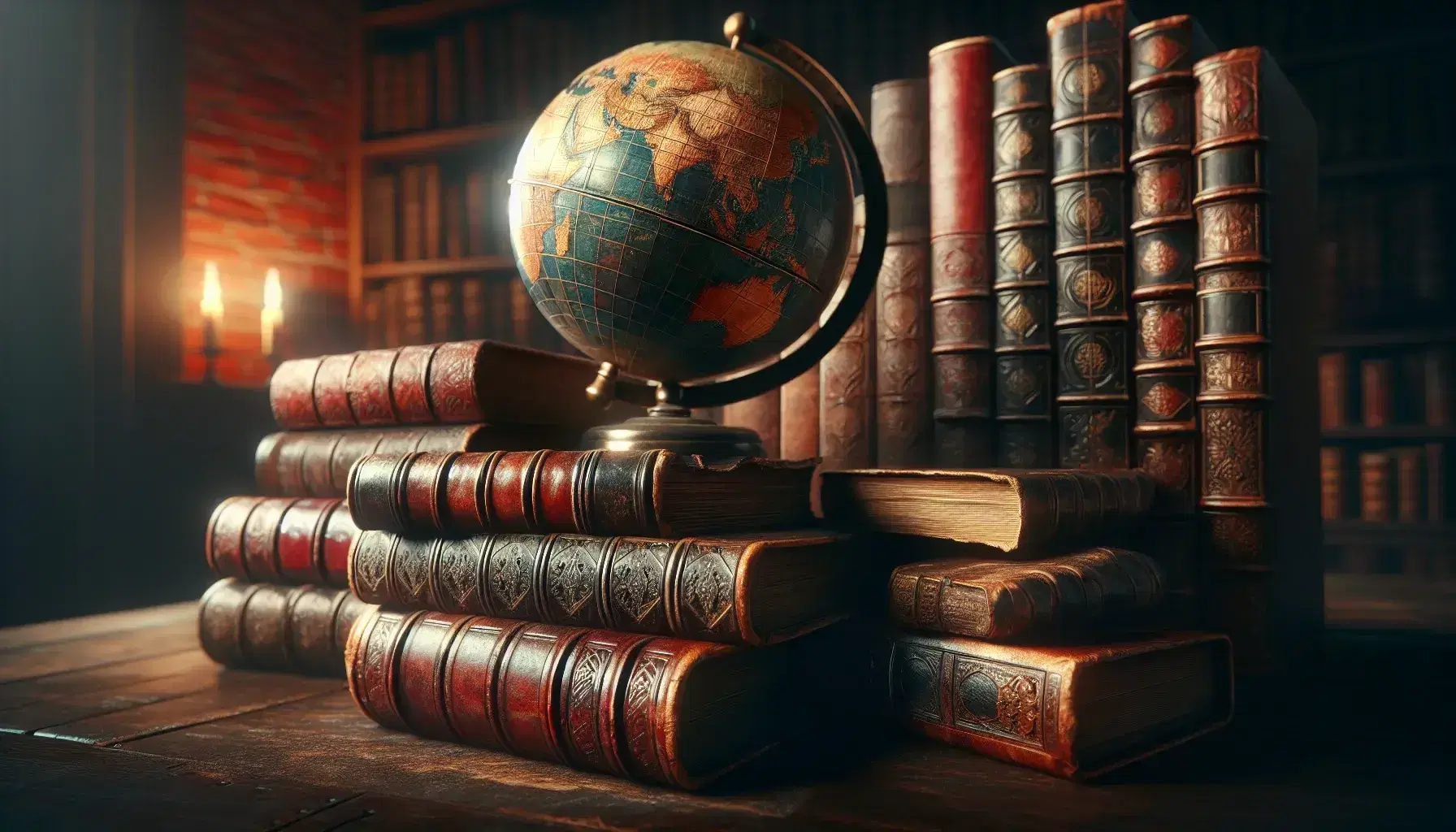 Libri antichi impilati con copertine in cuoio e rinforzi metallici, sopra un mappamondo antico su supporto intagliato, sfondo di mattoni rossi.