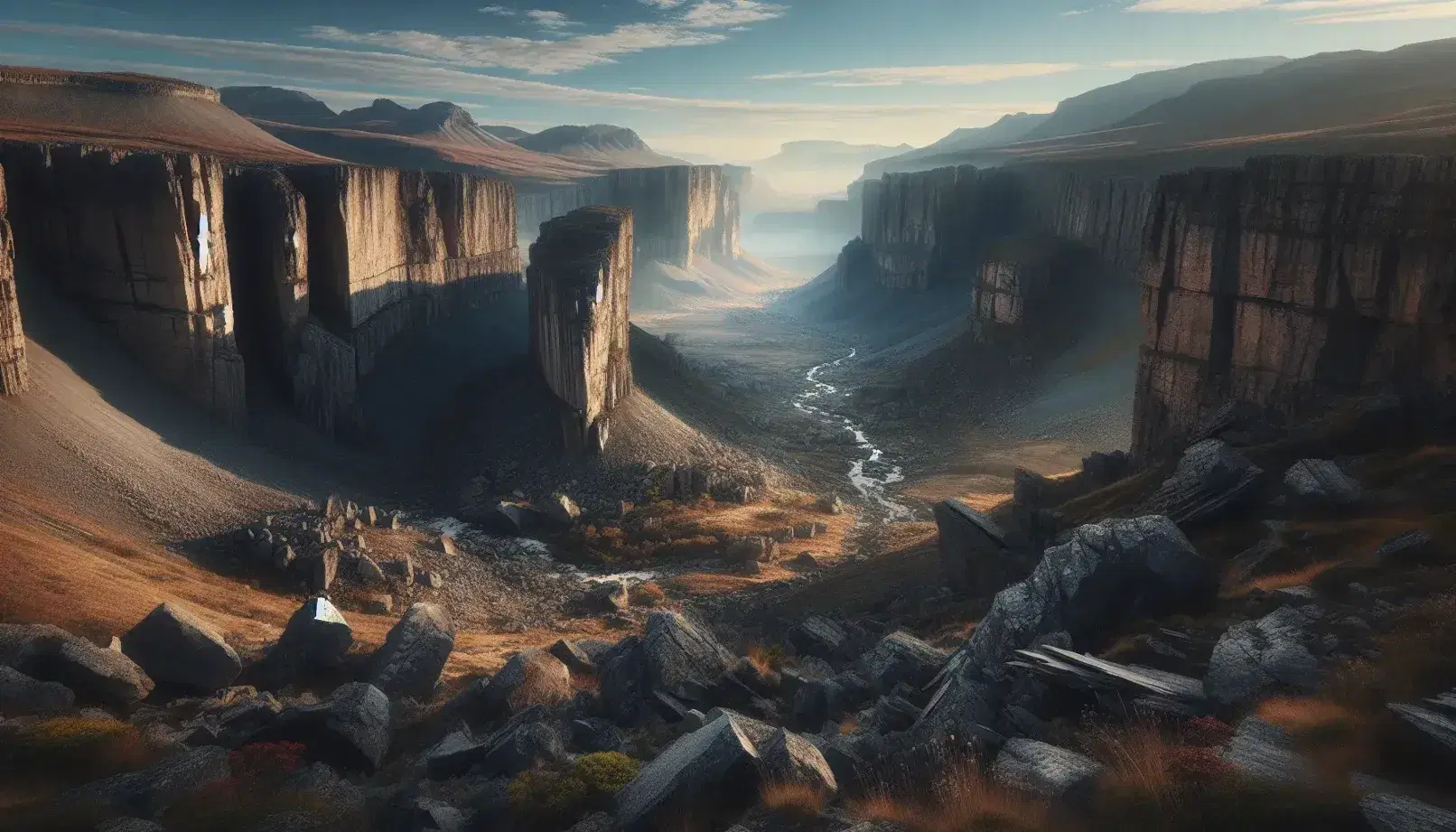 Faglia geologica naturale con strati rocciosi colorati e vegetazione sparsa su terreno irregolare, sotto un cielo azzurro con nuvole.