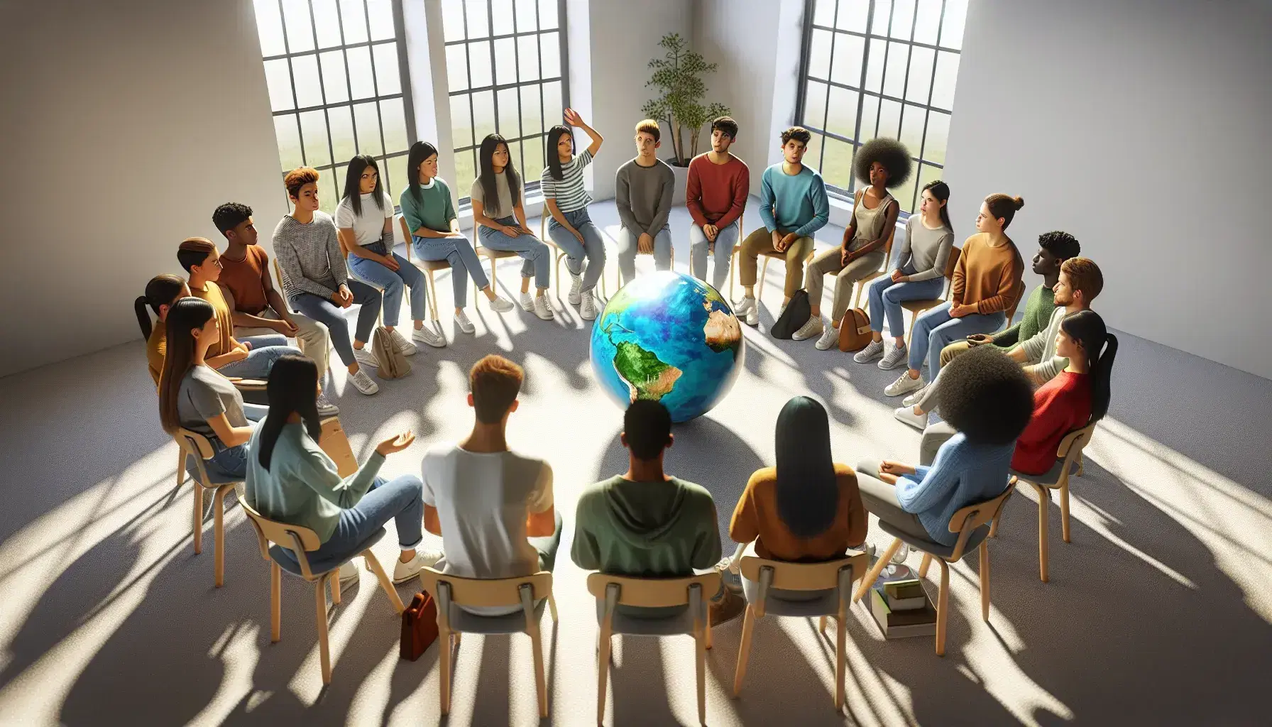 Grupo diverso de estudiantes sentados en círculo alrededor de un globo terráqueo en un aula iluminada, participando en una discusión educativa.
