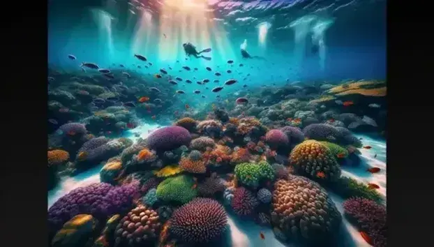 Underwater scene with colorful corals and tropical fish, school of silver fish and divers in silhouette in the background, sun rays filter into the water.