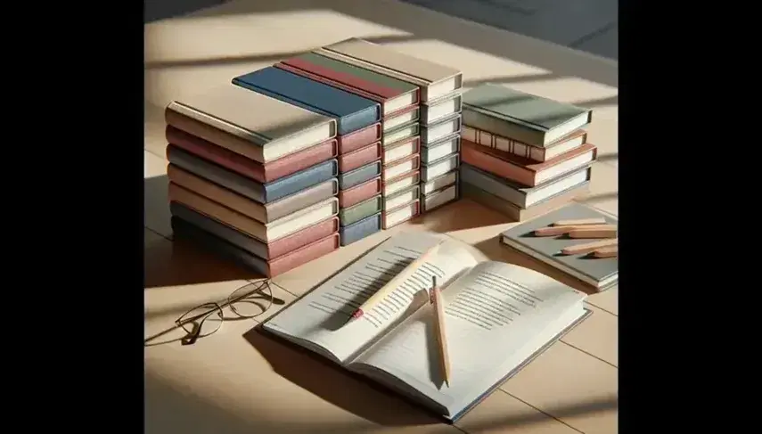 Pila de libros de colores variados sobre mesa de madera con lápiz, gafas y cuaderno abierto iluminados por luz natural.