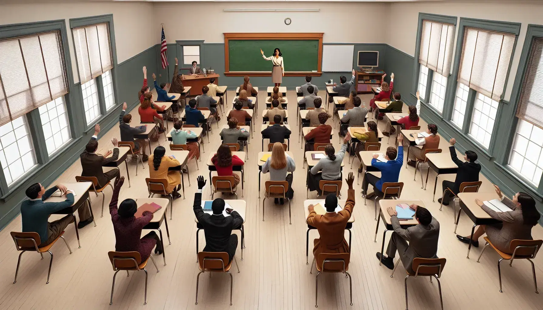 Multi-ethnic classroom with students of various ages and backgrounds raising their hands to participate in the discussion, teacher in the center near the blackboard.