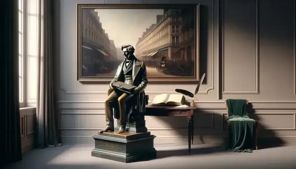 Bronze statue of a seated 19th-century author with crossed legs and a book, on a pedestal, beside a quill on a table, with a Parisian street scene painting in the background.