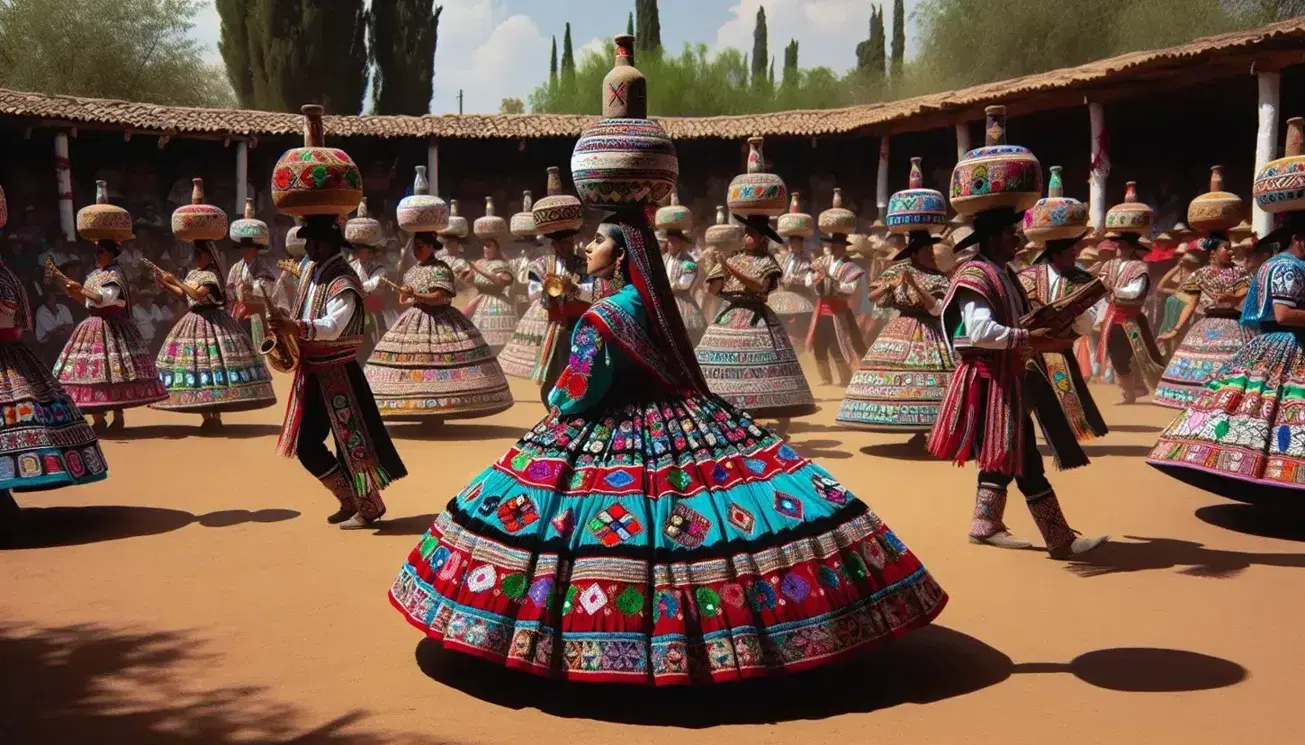 Grupo de personas realizando danza tradicional Mazahua al aire libre, con trajes coloridos y una mujer equilibrando una botella en la cabeza.
