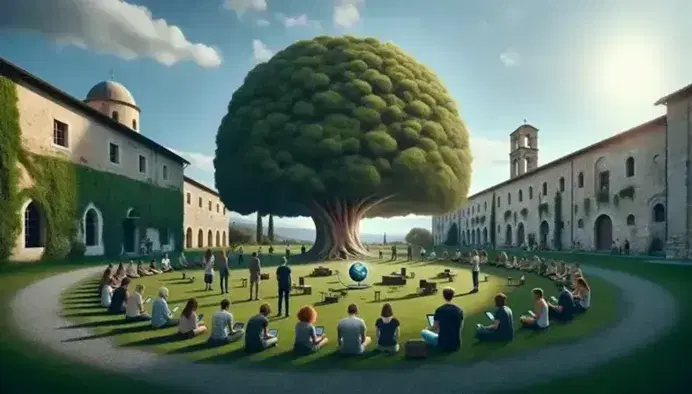 Gruppo di persone in cerchio su prato con albero maestoso al centro, struttura antica sullo sfondo e dispositivi tecnologici in primo piano.