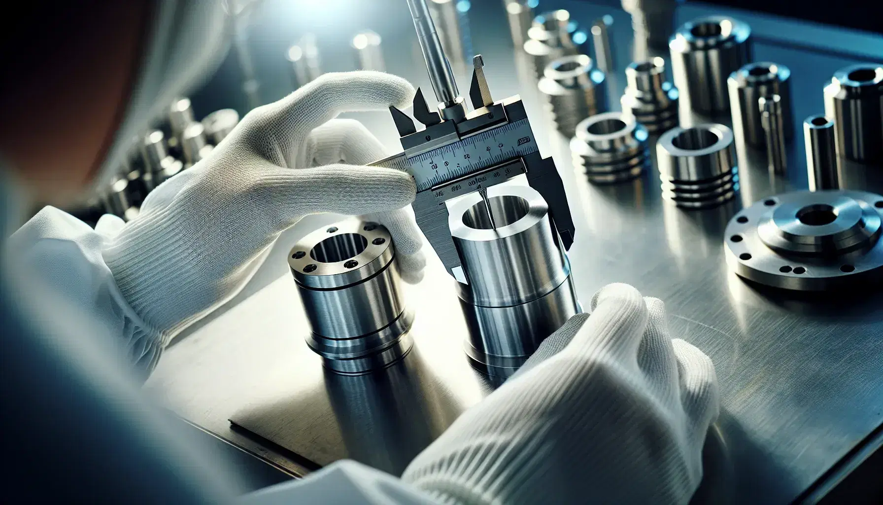 Close-up of gloved hands using a stainless steel caliper to measure the diameter of a precision metal part on a workbench.