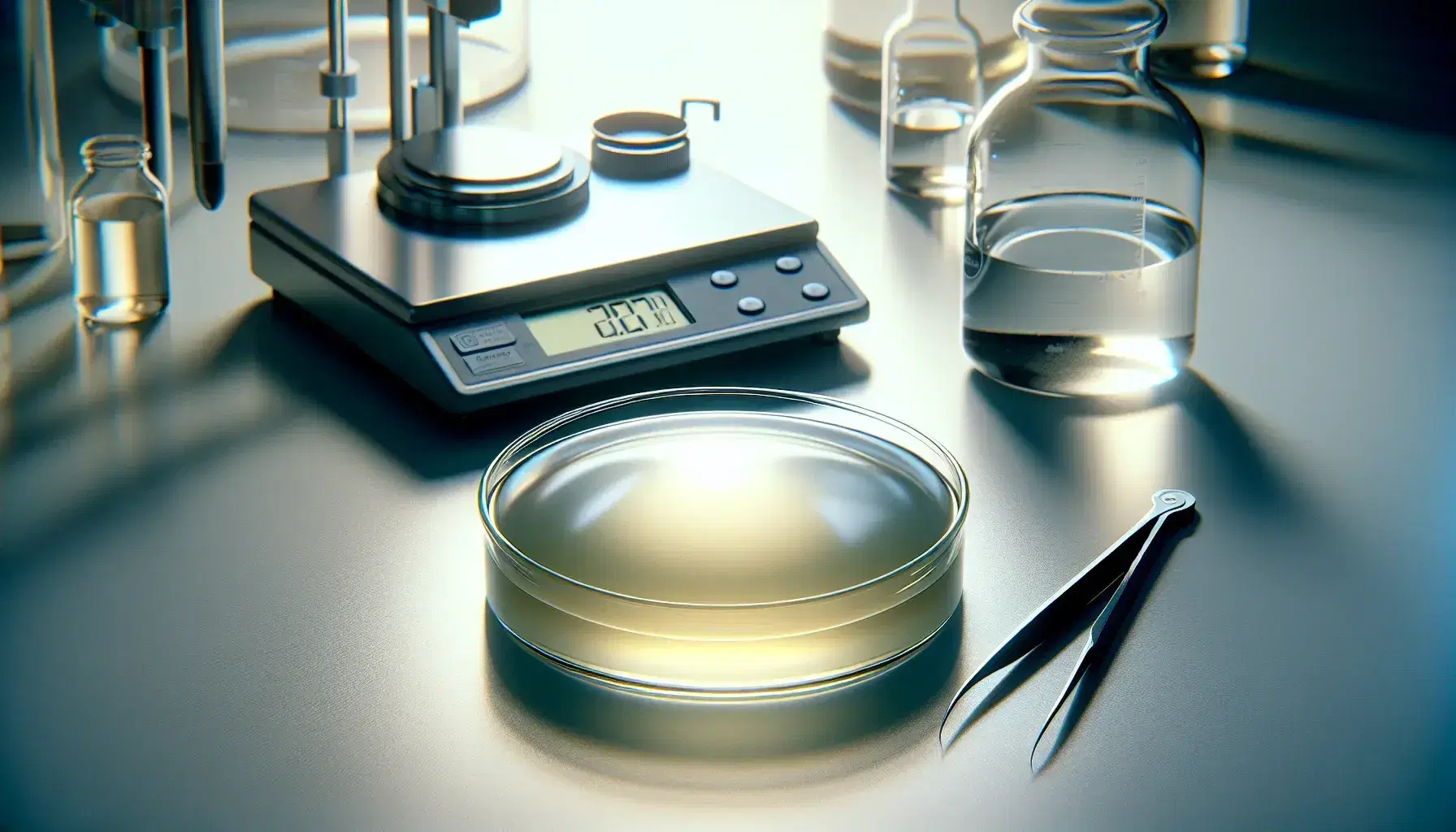 Laboratory with petri dish containing pale yellow wax, steel tweezers, digital scale and beaker with clear liquid on workbench.