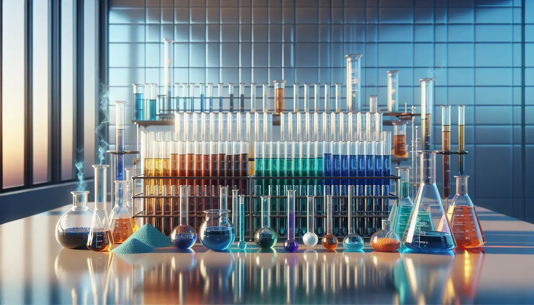 Provette di vetro con sostanze colorate su scaffale in legno, becher riscaldato da fiamma blu e cilindro graduato con liquido chiaro in laboratorio.