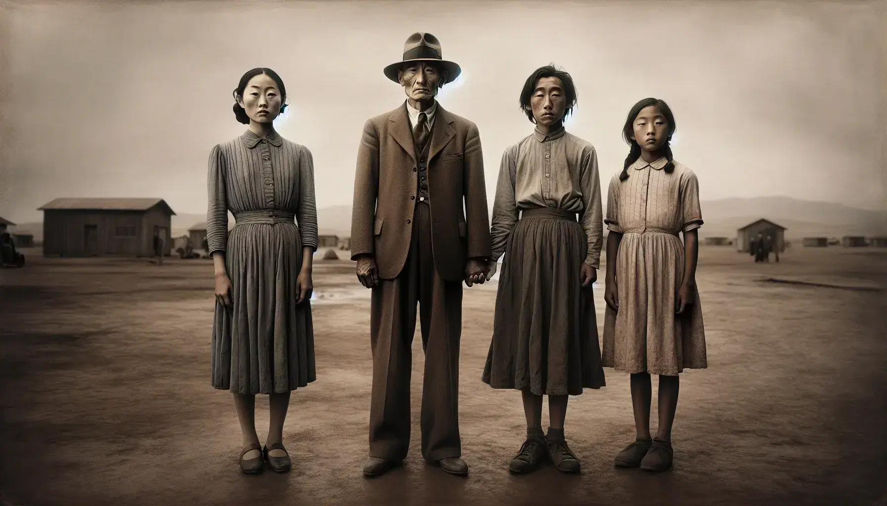 Japanese American family stands resiliently in a desolate WWII internment camp, with somber expressions and modest attire, under an overcast sky.