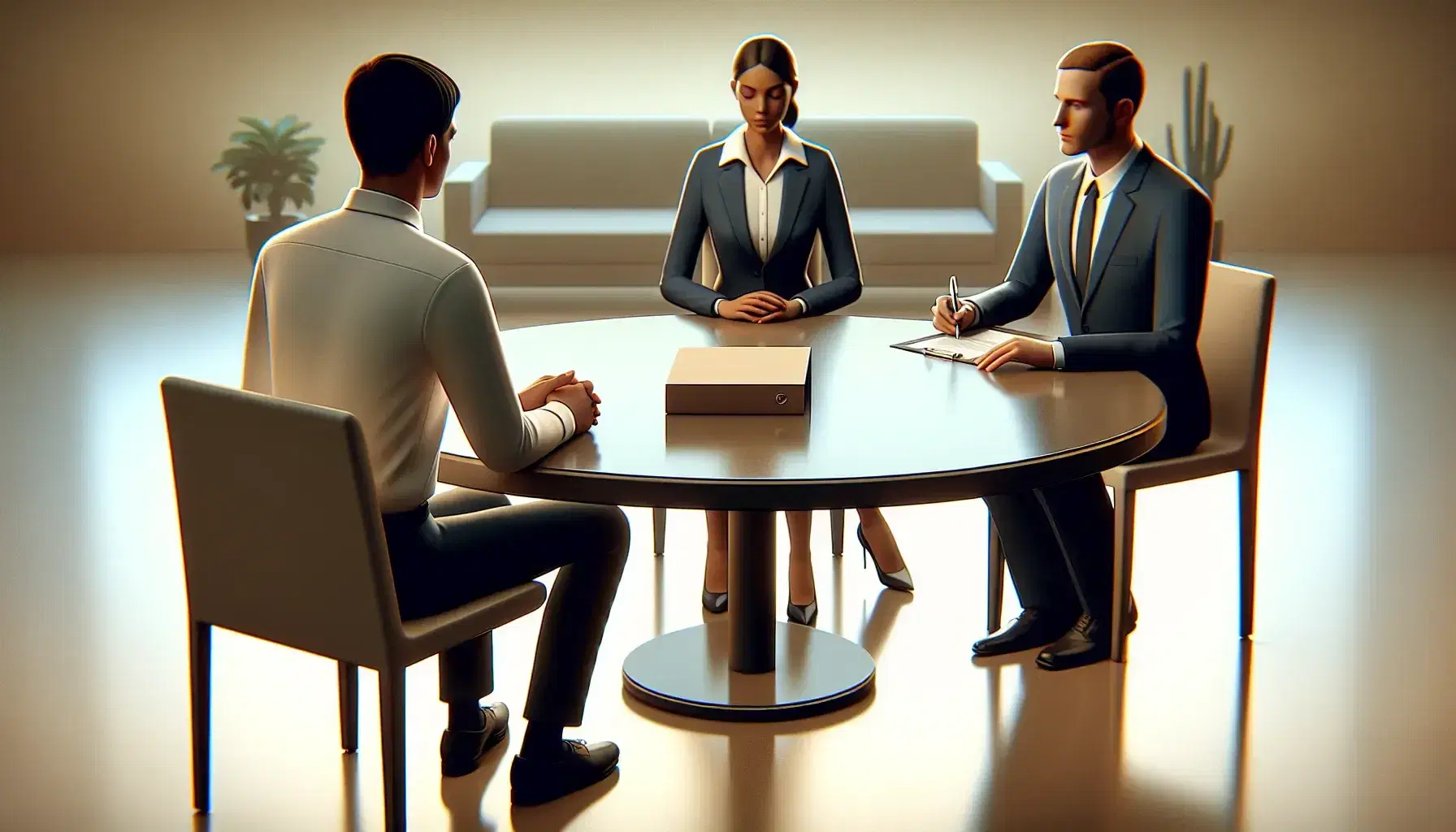 Performance evaluation meeting with two participants and an observer in a professional office setting, round table and documents in view.