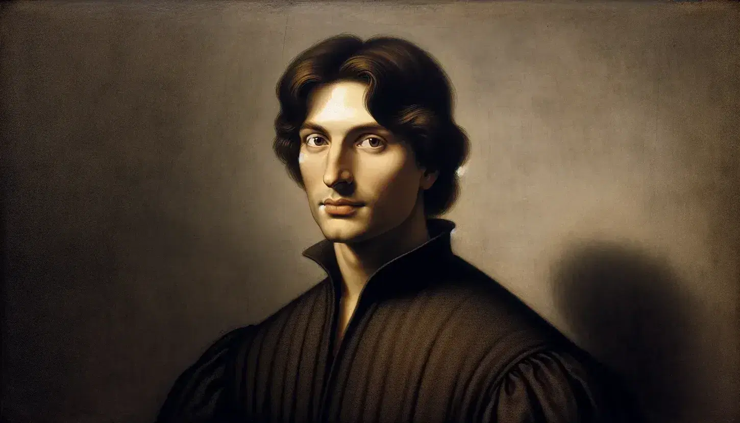 Ritratto uomo Rinascimento con abito scuro e mantello chiaro, capelli castani ondulati, sfondo neutro, gioco di luci e ombre.