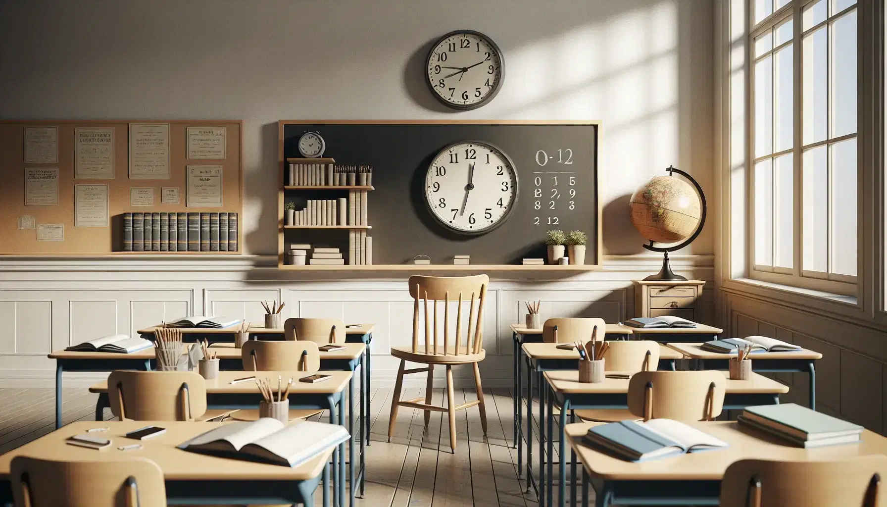 Aula scolastica luminosa con banchi in legno a semicerchio, lavagna vuota, orologio, globo e pianta verde.