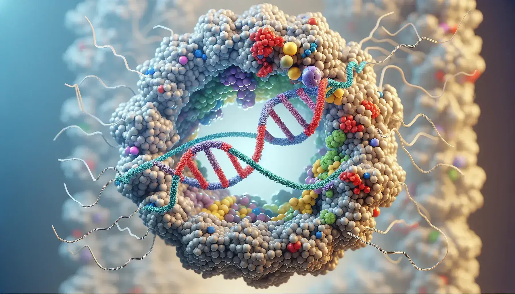 Three-dimensional molecular model of a ribosome with major and minor subunits, colored spheres indicate atoms and bonds, mRNA strand runs through.