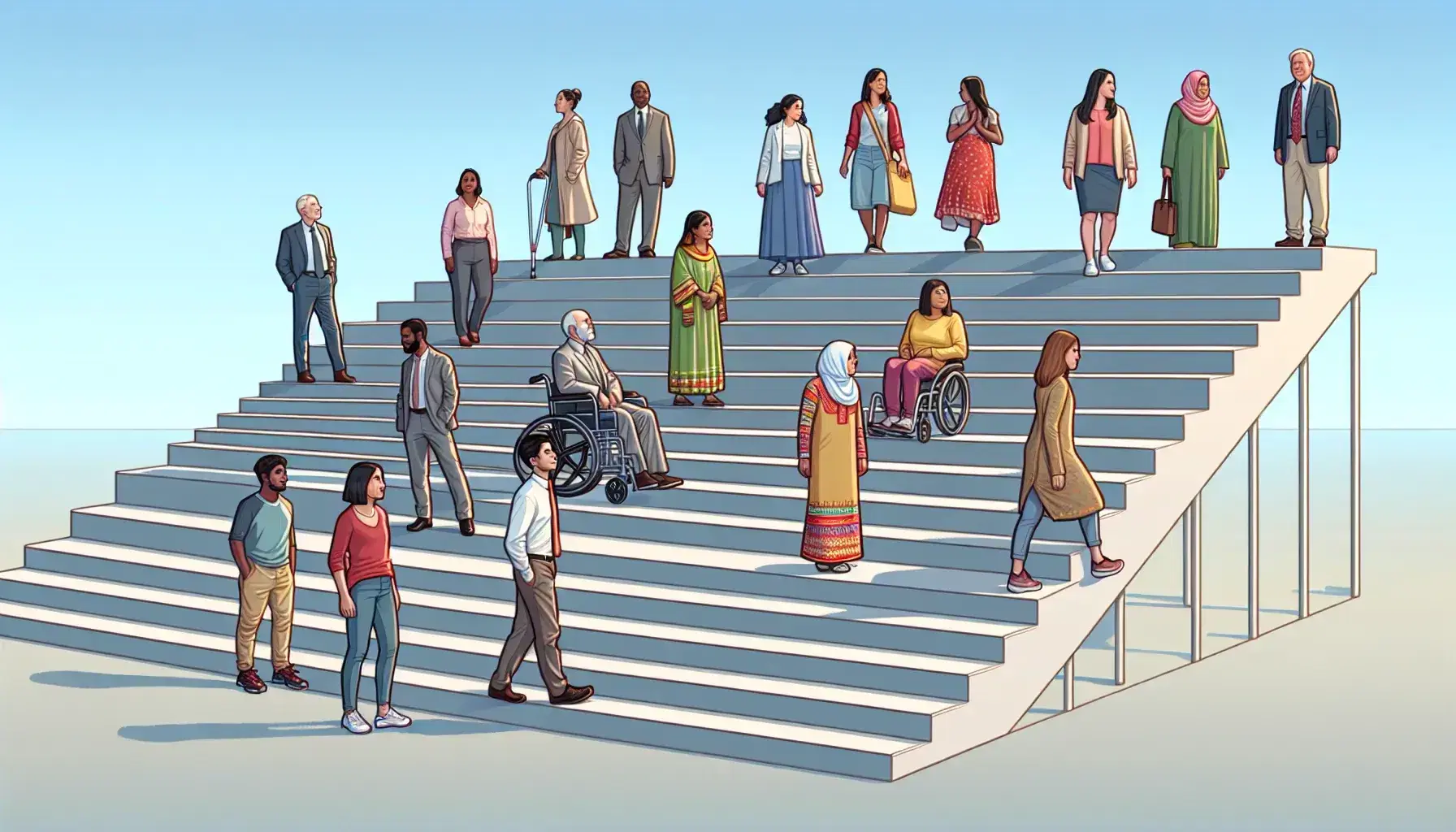 People of different origins on ascending concrete steps, South Asian man in wheelchair, others in traditional and work clothes, blue sky.
