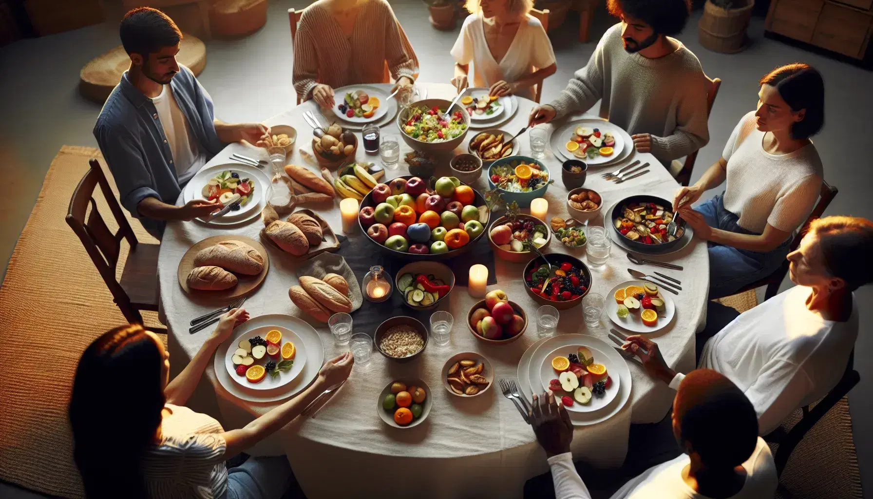 Multi-ethnic group sitting around a round table with a white tablecloth, various food, colorful fruit bowl in the center, welcoming atmosphere.