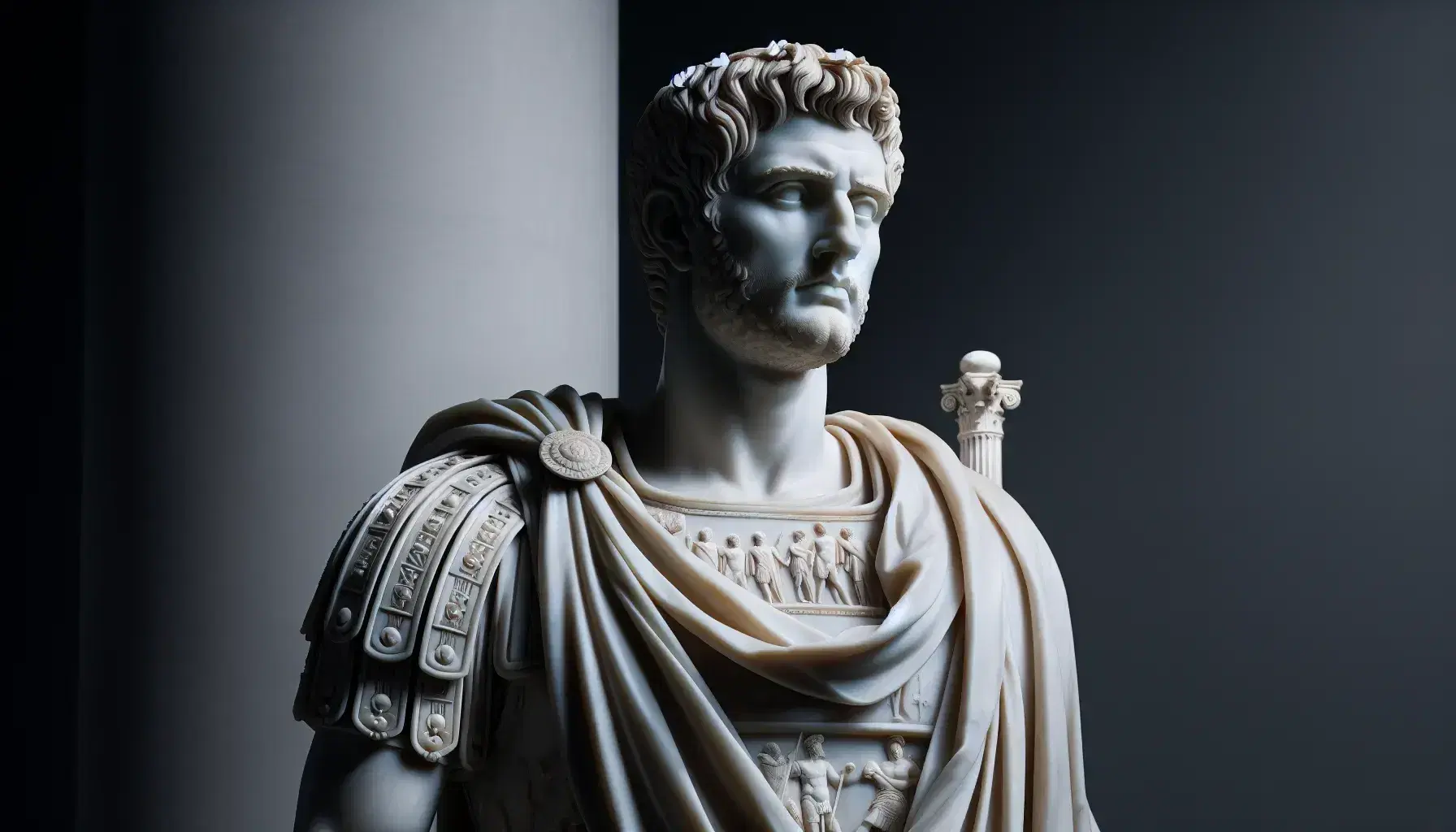 Statua in marmo bianco di uomo in abbigliamento militare romano con armatura decorata, mantello e spada, espressione seria e posa riflessiva.