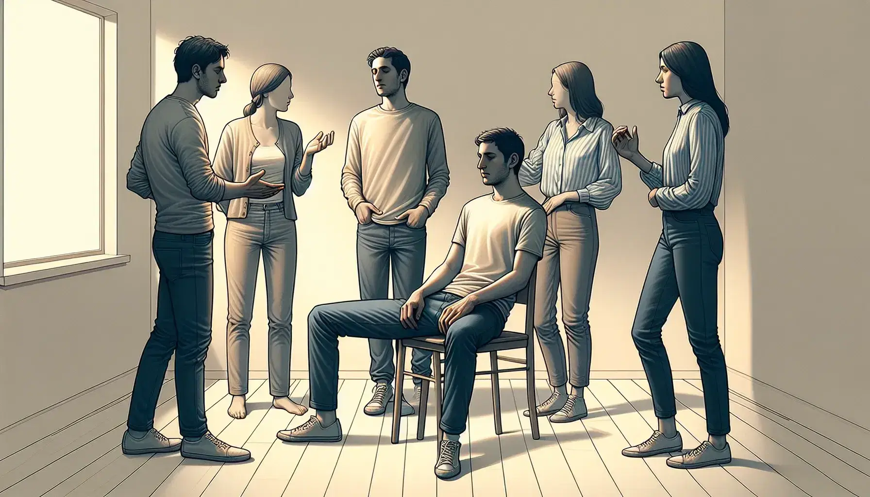 Grupo de cinco personas en interacción en una sala iluminada, con una persona sentada en el centro y cuatro de pie alrededor, gestos que sugieren comunicación y escucha activa.