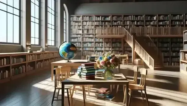 Biblioteca escolar iluminada con estantes de madera y libros variados, mesa con globo terráqueo y flores frescas, ventana grande y escalera al fondo.