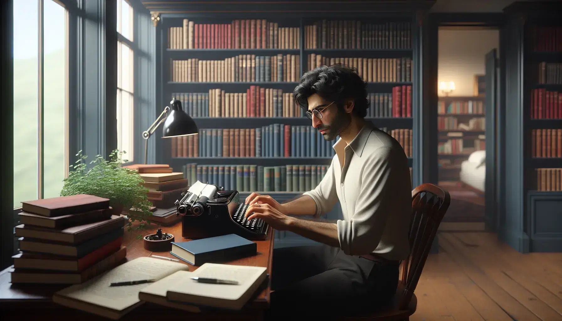 Middle Eastern man in his late fifties typing on a vintage typewriter at a desk with a potted plant, surrounded by bookshelves in a well-lit room.