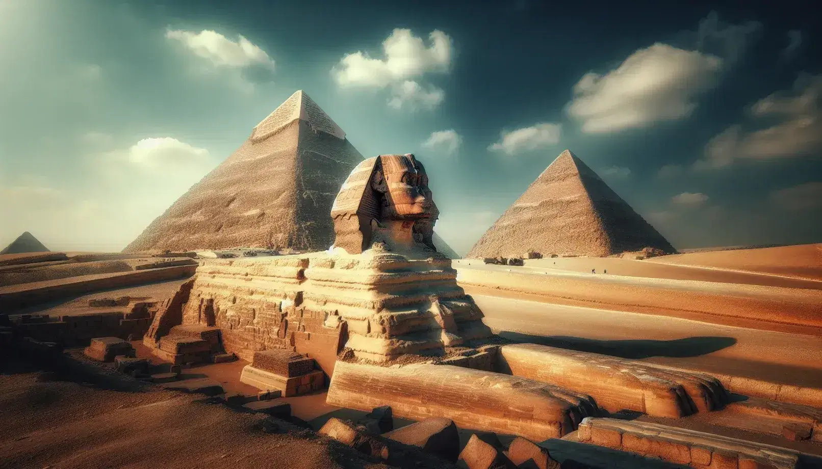 Panoramic view of the Giza pyramid complex with the Sphinx, cloudless blue sky and desert terrain in the foreground.