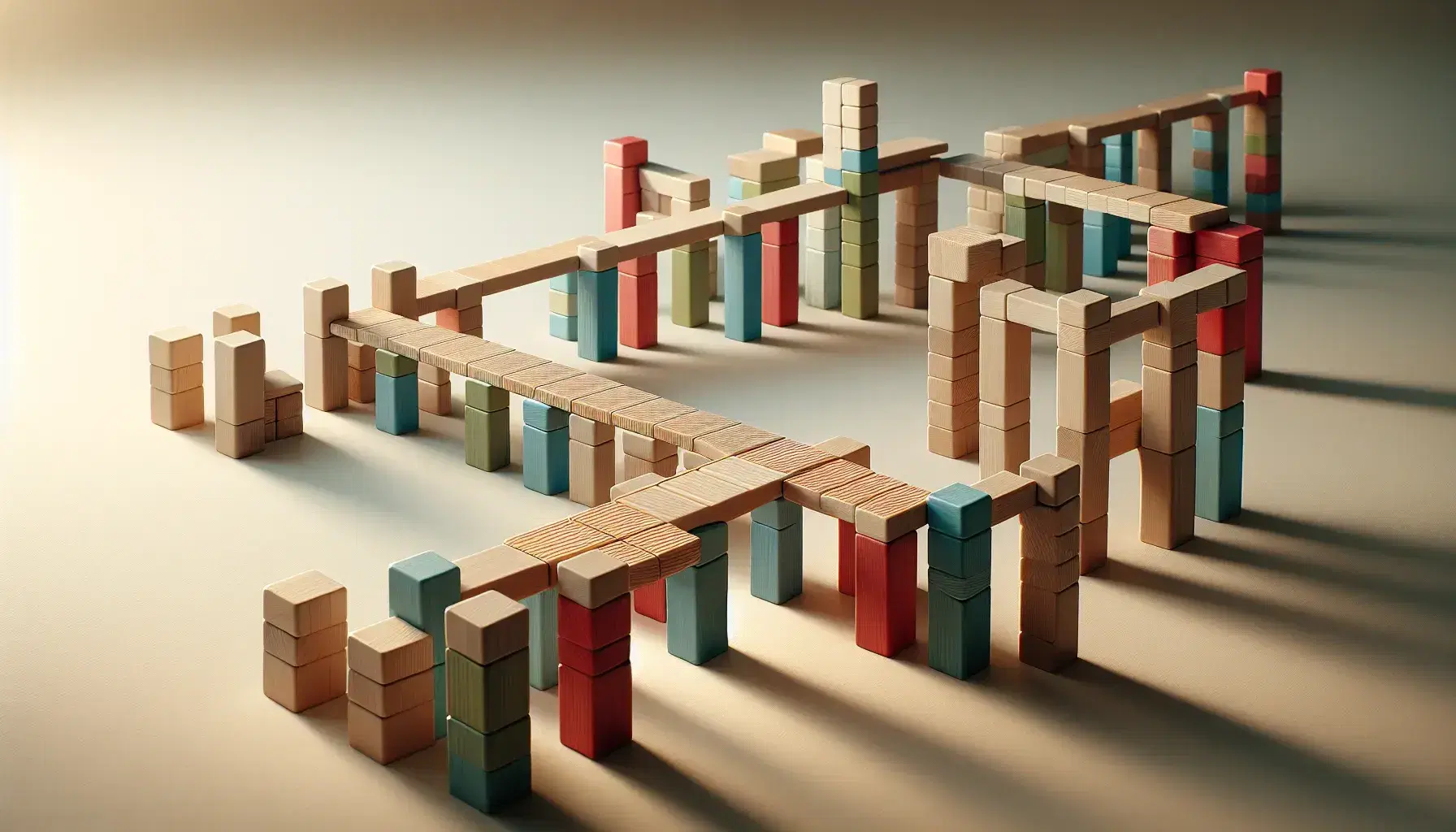 Estructura de puente hecha con bloques de madera de colores y tamaños variados sobre superficie lisa y clara.