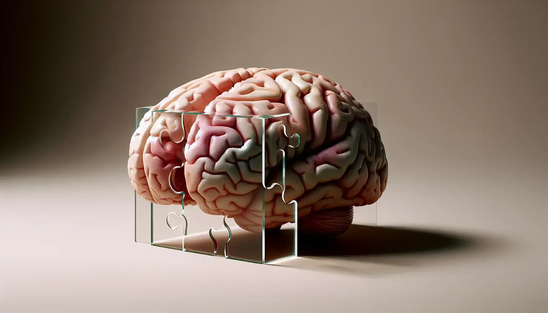 Anatomically correct model of human brain with detailed sulcus and gyri and adjacent clear glass puzzle piece.