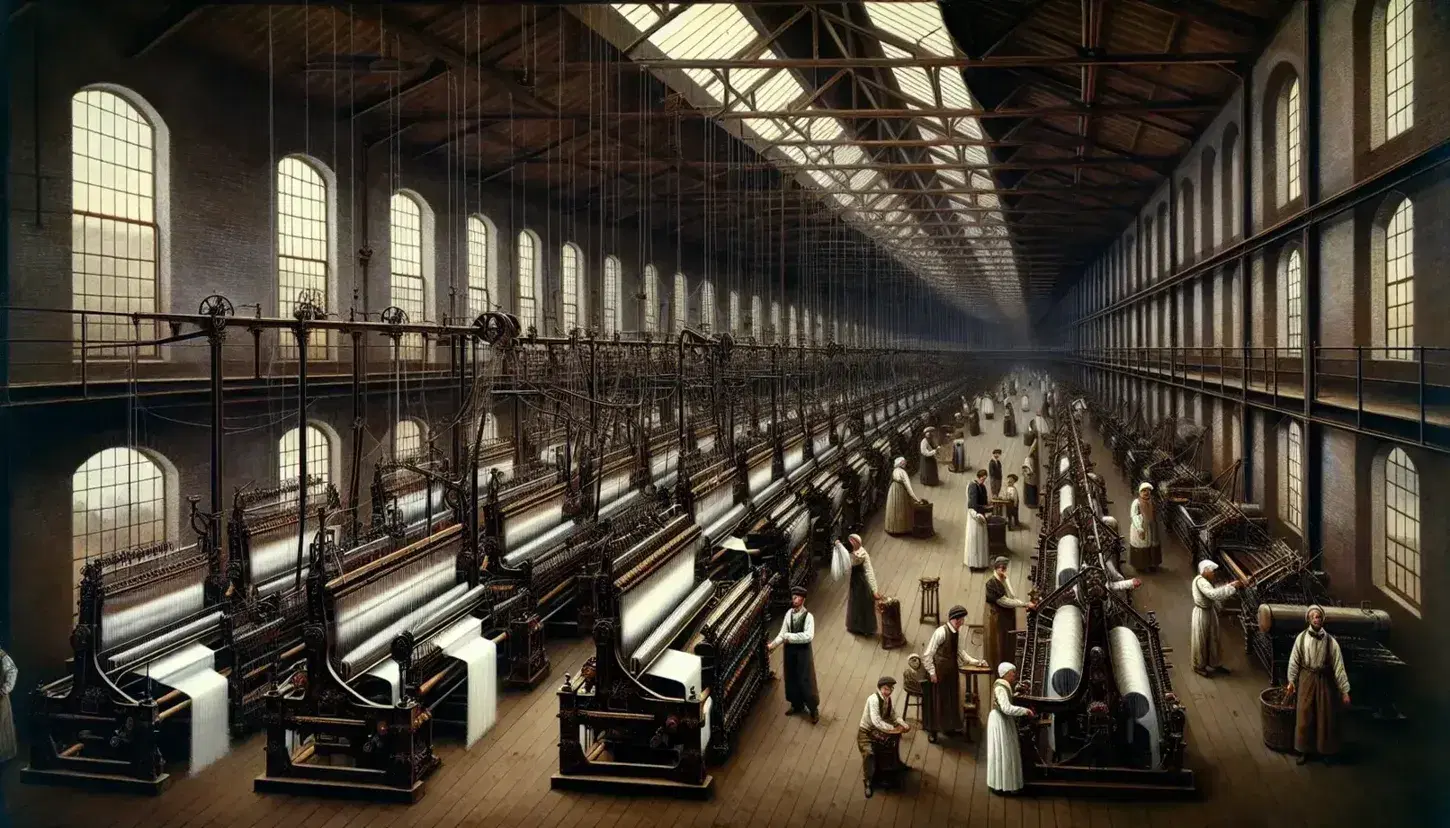 Interno di una fabbrica tessile dell'epoca industriale con operai, telai meccanici in azione, pareti in mattoni rossi e ruota idraulica parziale.