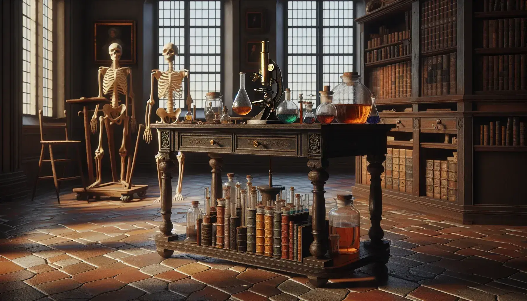 Estudio renacentista con mesa de madera y microscopio antiguo, frascos de sustancias, esqueleto humano y estantería de libros.