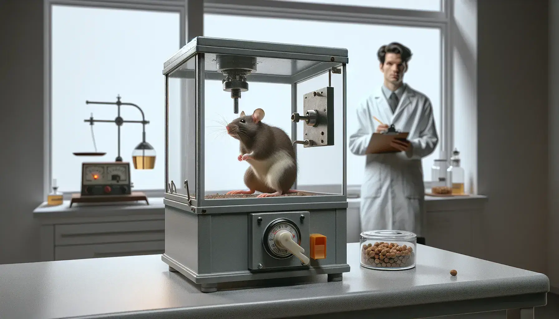 Brown rat in a Skinner box presses a lever to get food, observed by a researcher with lab coat and clipboard in bright laboratory.