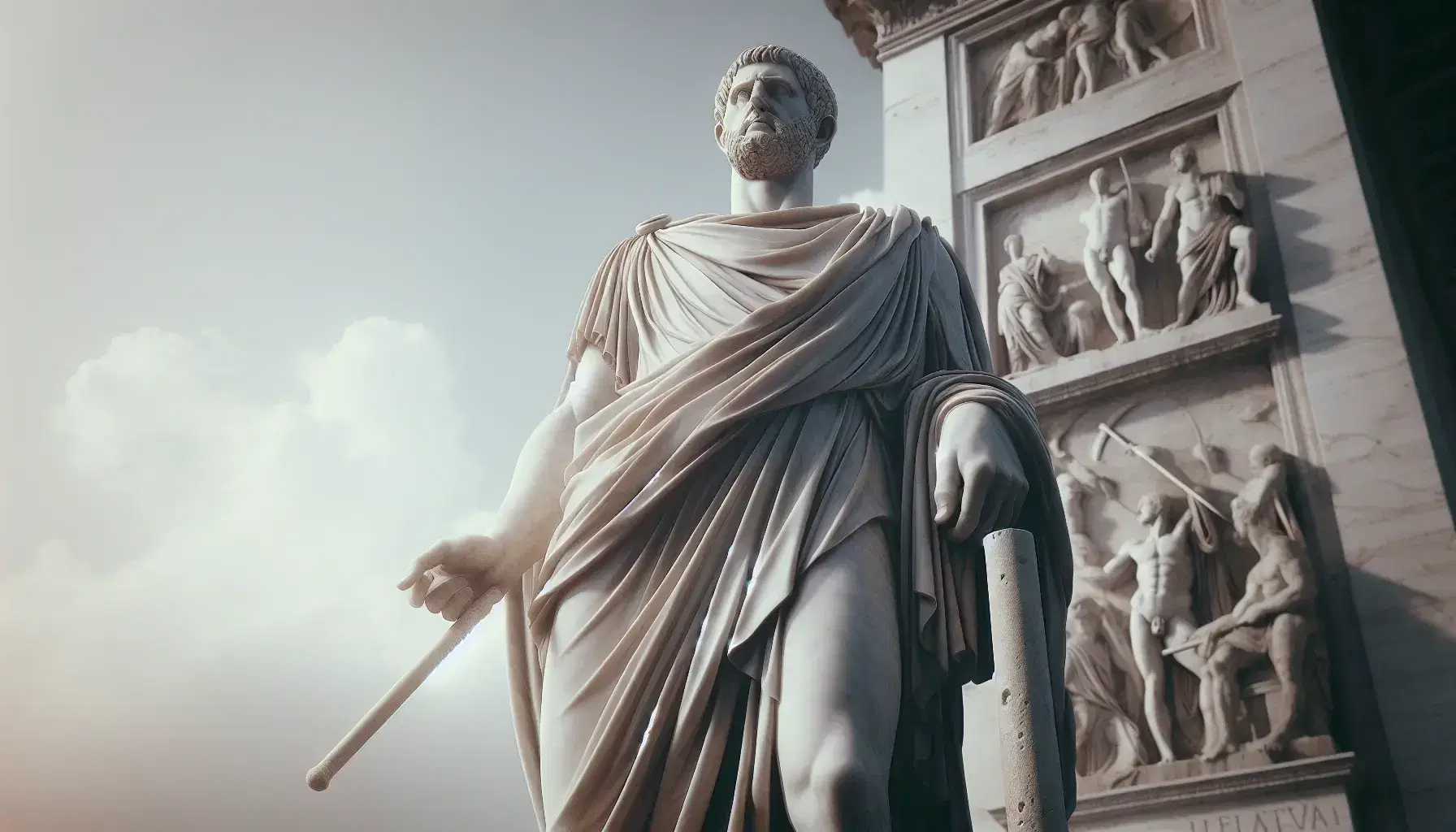 Statua in marmo bianco di figura romana antica con mantello, tunica e barba, regge uno scettro e gesto eloquente, su sfondo di arco trionfale.