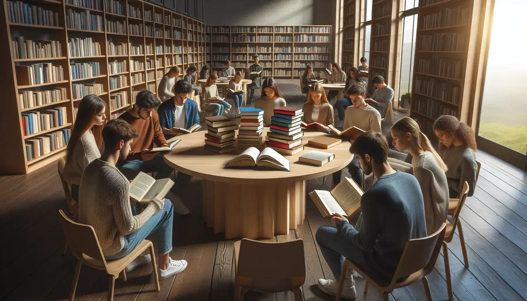Grupo diverso de estudiantes concentrados leyendo y señalando libros en una biblioteca iluminada naturalmente, con estanterías llenas y mesa redonda con libros marcados.