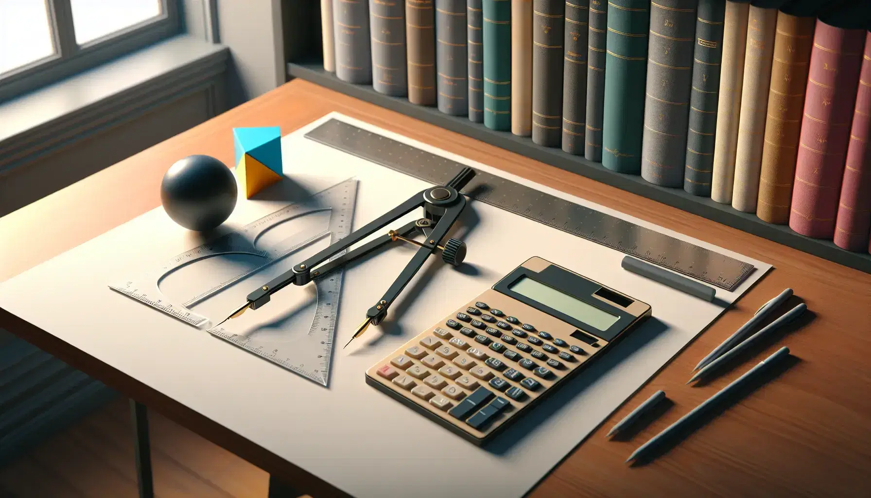 Tidy desk with compass, ruler, solar calculator and 3D geometric shapes in an illuminated study.