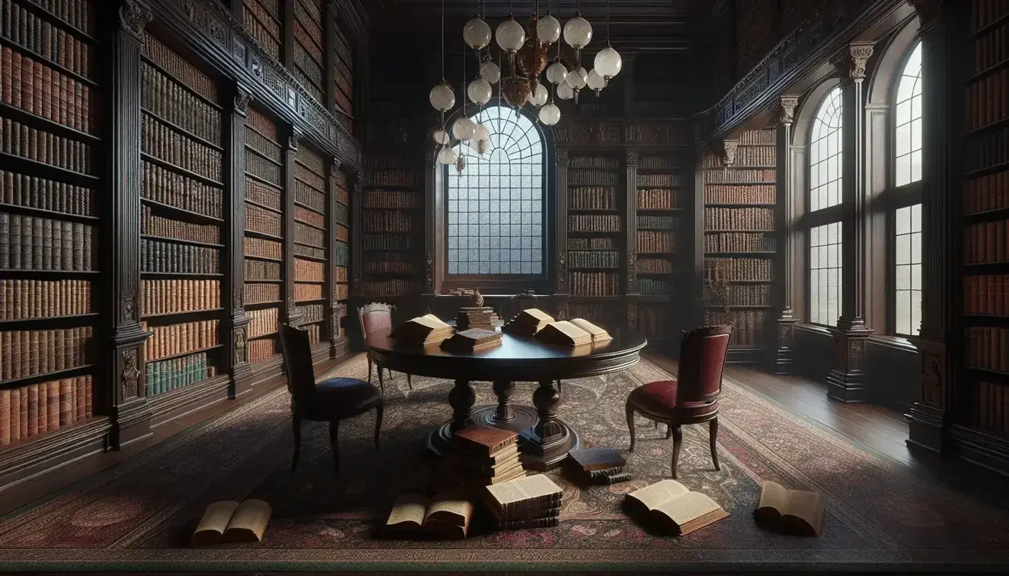 Biblioteca antica con scaffali in legno scuro pieni di libri rilegati, tavolo ovale centrale, sedie in velluto rosso e tappeto persiano.