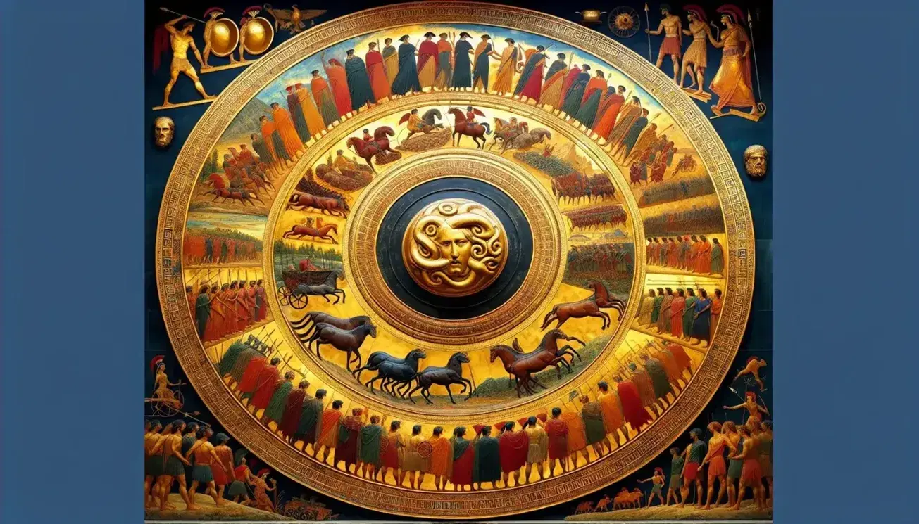 Scudo di Achille con Gorgone al centro, anelli concentrici raffiguranti scene di vita, guerra e agricoltura, e animali, in stile omerico.